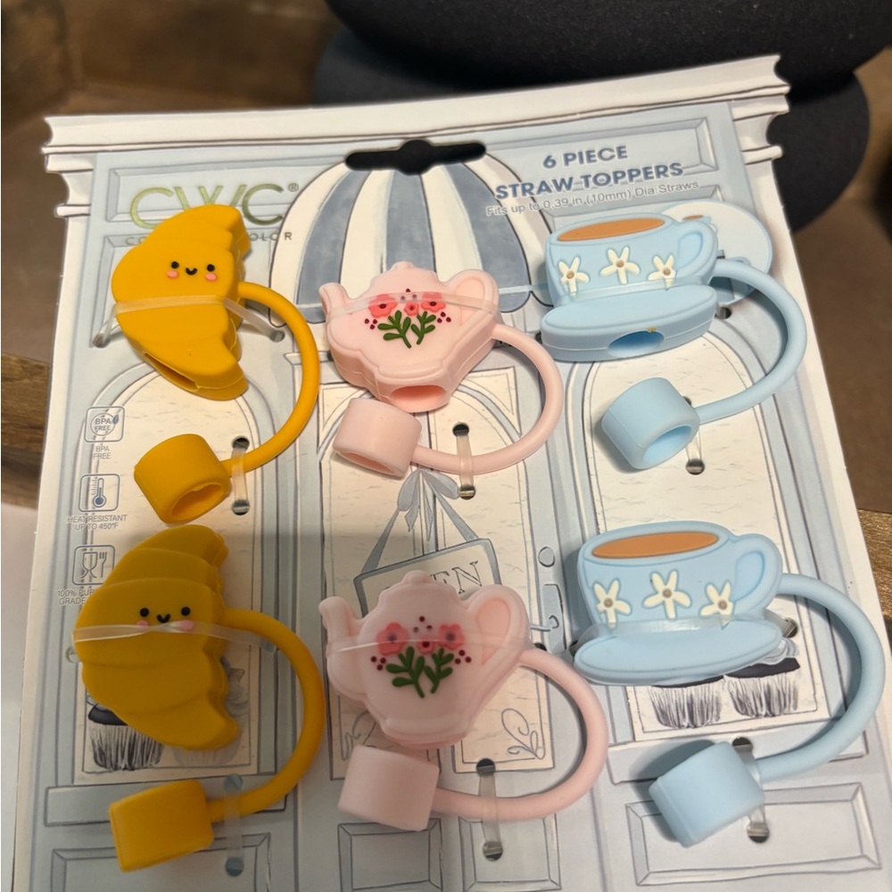 Cute Silicone Straw Toppers - Croissant, Teapot & Teacup (Yellow, Pink, Blue)